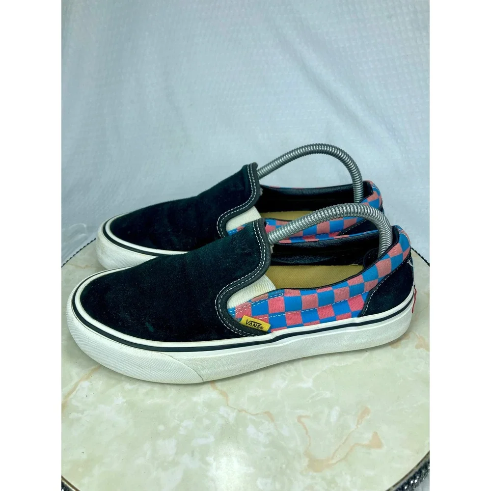 Vans Suede Platform Slip-On Shoes Womens Sz 8.5 Black Pink Checkerboard Sneakers